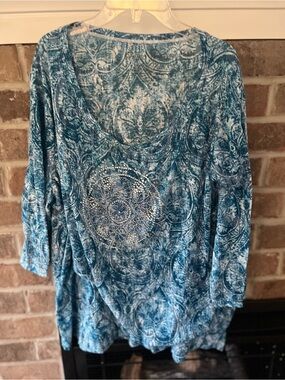 Blue Patterned Women's Scoop Neck Top with Rhinestone Detail